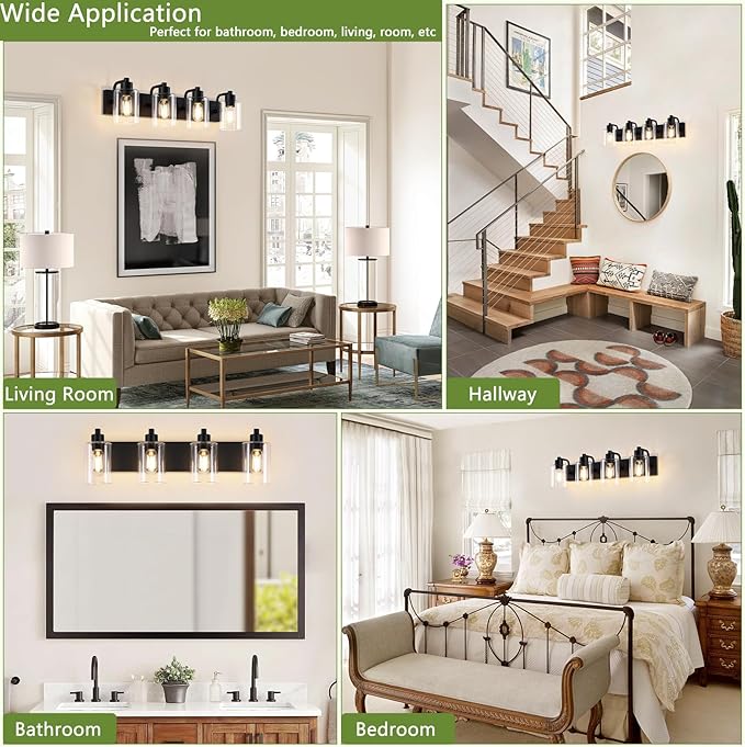 Bathroom Vanity Light, Modern Matte Black 4-Light Bathroom Lights Over Mirror with Clear Glass Shade,Wall Sconces for Bedroom,Living Room