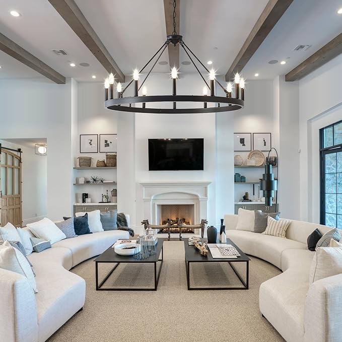 40 Inch Black Wagon Wheel Chandelier, 12-Lights Farmhouse Industrial Round High Ceiling Pendant Light Adjustable Chain for Outdoor Porch,Foyer,Dining Room, Living Room