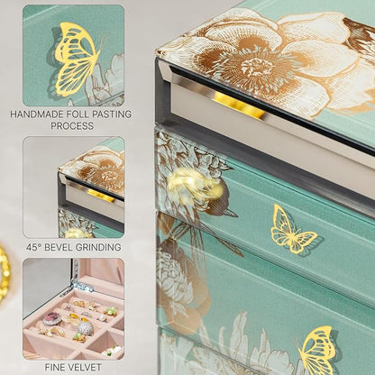High End Glass Jewelry Box - 3 Layer Jewelry Organizer - Velvet-Lined Case For Ring, Necklace, Earring, Bracelet Storage - Green Floral and Bird - Christmas Gifts For Women