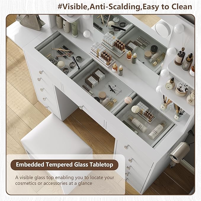 Vanity Desk with Power Outlet, 47'' W Makeup Vanity with Mirror and 12 LED Lights, 11 Drawers & 4 Shelves, 3 Color Lighting Modes, Fold-up Panel, Glass Top Vanity Set for Bedroom