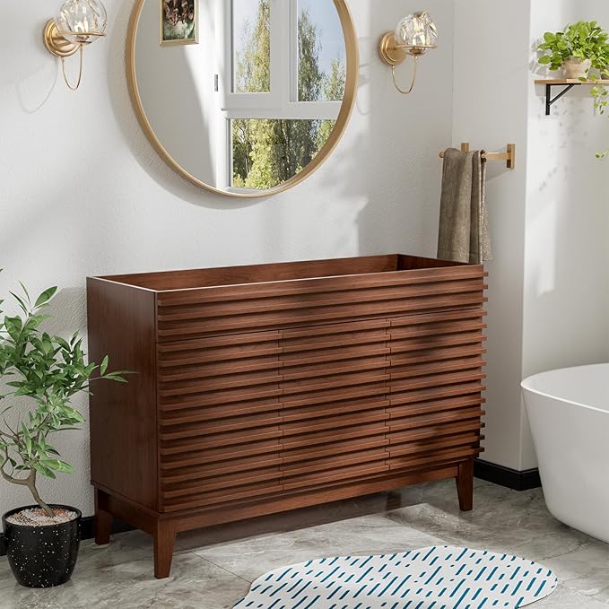 ROOMTEC 48" Bathroom Vanity, Mid-Century Freestanding Bathroom Cabinet Vanity with Storage, Particleboard Frame with Wood Grain Laminate, Walnut (Sink Basin Not Included)