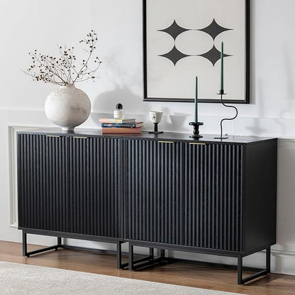 Fluted Storage Cabinets Set of 3, Sideboard Buffet Cabinet Modern Accent Cabinet with Adjustable Shelves, Credenza, Console Table Entryway Cabinets for Living Room, Black