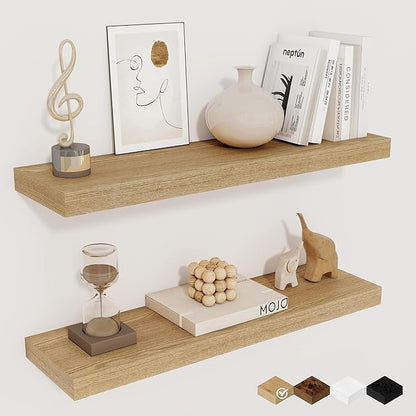 Fun Memories Floating Shelves for Wall, 24" Rustic Wood Deep Wall Mounted Shelves with Invisible Brackets for Decor & Storage, Floating Shelf for Living Room, Bathroom (Oak, Set of 2)