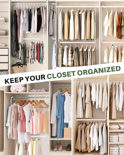 Hanging Closet Rod, Adjustable Height & Width Closet Rods for Hanging Clothes-Closet Extender Hanging Rod Space-Maximizing Design Suitable for Hanging and Drying Clothes, White
