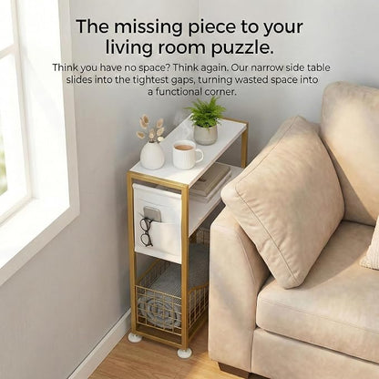 Skinny Side Table with Storage, 3 Tier Slim Side Tables for Small Spaces, Skinny End Table Narrow Bedside Table Narrow Side Table for Living Room, Bedroom