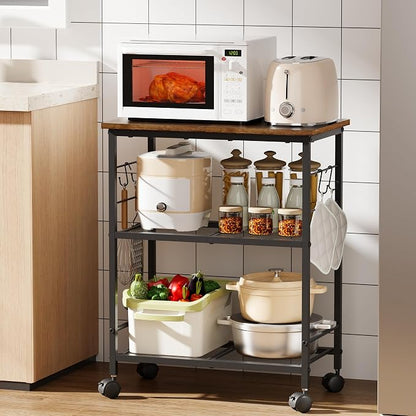 BEWISHOME Rolling Kitchen Cart 3 Tier, Microwave Kitchen Cart with Storage Function, Practical Roller Cart with 4 Locking Wheels for Kitchen, Living Room, Bathroom, Office, Bar (Brown) 99ZCC01H