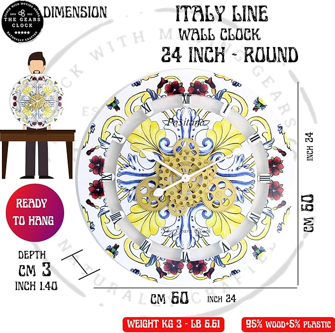 ImprovingLife The Gears Clock Wall Clock Italy Collection with Moving Gears (Vietri, 24 inch Round)