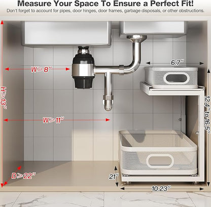 2 Pack 21IN-Depth Under Sink Organizer With Next-Gen Ball-Bearing Slides,2-Tier Precision Mesh Pull Out Cabinet Storage for Bathroom&Kitchen,Height Adjustable Drawers Shelf,Anti-rust-White