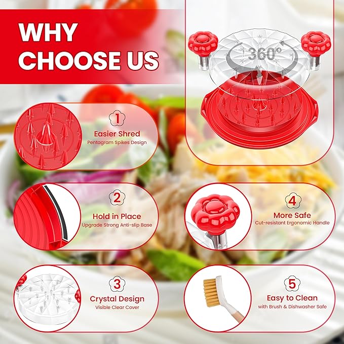 Chicken Shredder Tool Twist Large - 10'' Pro Meat Shredders for Chicken Breast,Visible Kitchen Gadgets Grinder Machine with Brush,Strong Anti-Slip Strip,Ergonomic Handle,BPA Free (Red)
