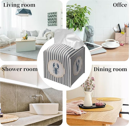 Grace Yonks Cute Coastal Lobster Tissue Box Cover Square, Kitchen Striped Cube Case for Facial Tissues, 5.2" PU Leather(070)