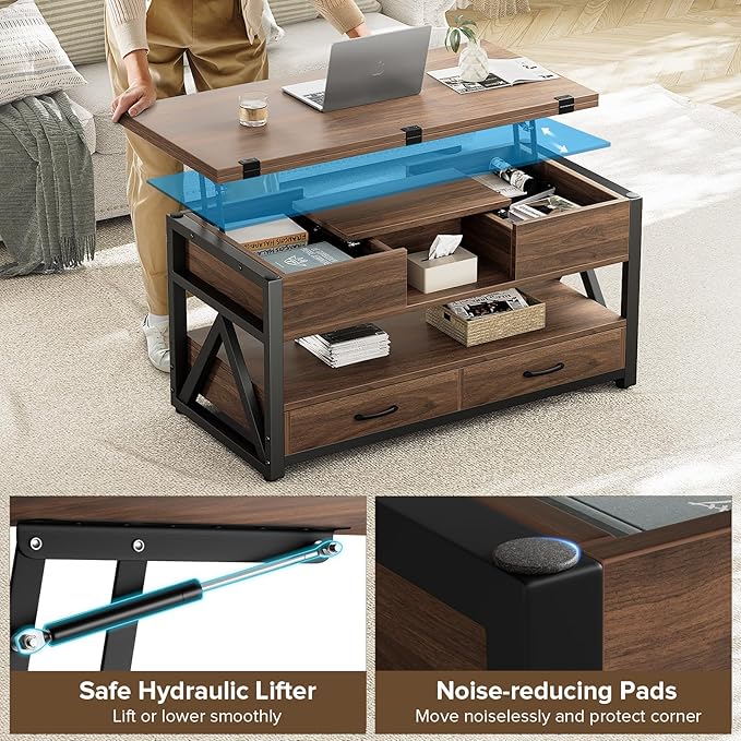 Memobarco 40" Lift Top Coffee Table,4 in 1 Multi-Function Lift Coffee Tables with Storage Drawers and Hidden Compartmen,Farmhouse Coffee Table with Lifting top for Living Room, Walnut