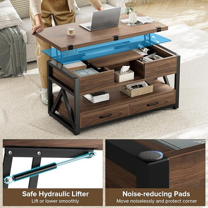Memobarco 40" Lift Top Coffee Table,4 in 1 Multi-Function Lift Coffee Tables with Storage Drawers and Hidden Compartmen,Farmhouse Coffee Table with Lifting top for Living Room, Walnut