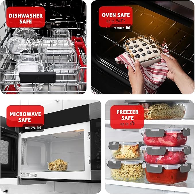 Nestl 48pc Glass Storage Containers with Lids, 24 Glass Food Storage Containers with 24 Airtight Lids for Pantry & Kitchen, Meal Prep Containers for Lunch, Oven Microwave & Dishwasher Safe, Gray