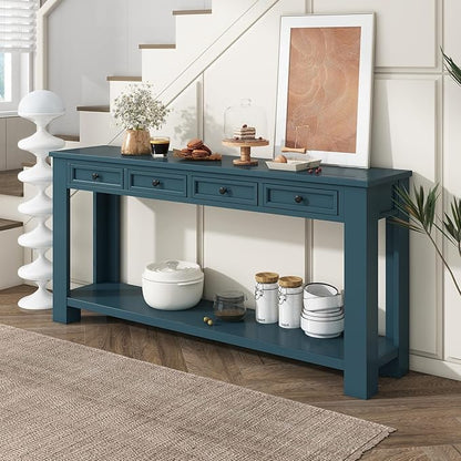 LKTART Solid Wood Console Table,63 in Long Sofa Table Entryway Table with 4 Drawers and Bottom Shelf for Hallway Living Room Couch Table,Easy Assembled (63" Dark Blue)