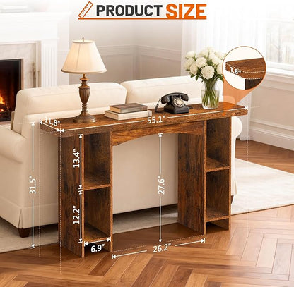 55 Inch Entryway Table Single-Shelf Cabinet, 1.6 Inch Thick Desktop Wooden Console Table with Socket Farmhouse Sofa Table for Entrance, Hallway, Living Room,Behind Couch(Rustic Brown)