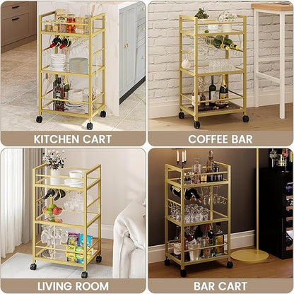 Bar Cart, Serving Cart for Home, Microwave Cart, Drink Cart, Mobile Kitchen Shelf with Wine Rack and Glass Holder, Rolling Beverage Cart for Dining Room, Gold