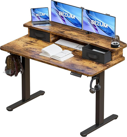 BIZUM Standing Desk with 2 Drawers Computer Desk-Stand up Desk Home Office Gaming Memory Desks C-Clamp Mount Compatible, 48x24 Inch Rustic Brown