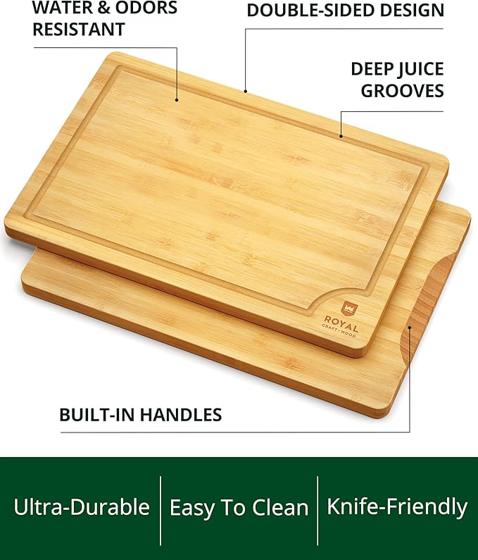 ROYAL CRAFT WOOD Wooden Cutting Boards for Kitchen Meal Prep & Serving - Bamboo Wood Serving Board Set with Deep Juice Groove Side Handles - Charcuterie & Chopping Butcher Block for Meat