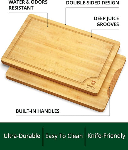 ROYAL CRAFT WOOD Wooden Cutting Boards for Kitchen Meal Prep & Serving - Bamboo Wood Serving Board Set with Deep Juice Groove Side Handles - Charcuterie & Chopping Butcher Block for Meat