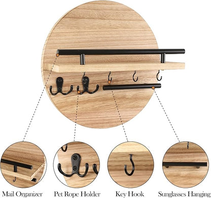 Key Holder for Wall with Shelf - Wood Mail Organizer and Rack with Shelf Hooks Wall Mounted for Entryway Decor Magazines Letter Storage Farmhouse Living Room Bedroom Doorway (Nature)