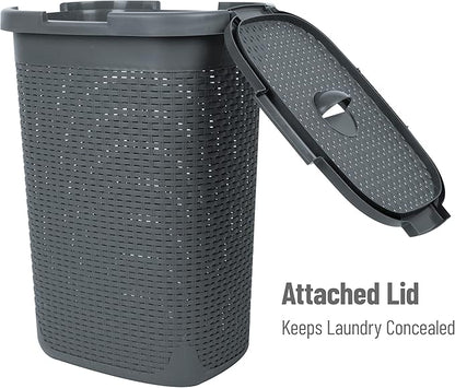 Mind Reader Slim Laundry Hamper with Lid, 60L Tall Clothes Basket, Narrow Tapered Design for Bathrooms, Closets and Laundry Rooms, Plastic, Gray