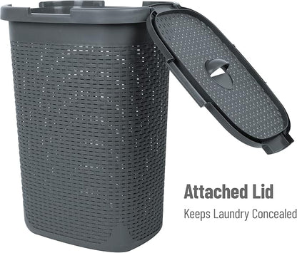 Mind Reader 60L Slim Laundry Hamper, Clothes Basket, Lid, Wicker Style, Plastic, 17.65"L x 13.75"W x 24.15"H, Set of 2, Gray
