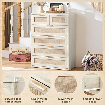 LEYAOYAO White Dresser for Bedroom, 41" Tall Chest of Drawers, Modern 6 Drawers Boho Rattan Dressers with Storage, Dresser Wooden Closet Organizer for Living Room, Hallway