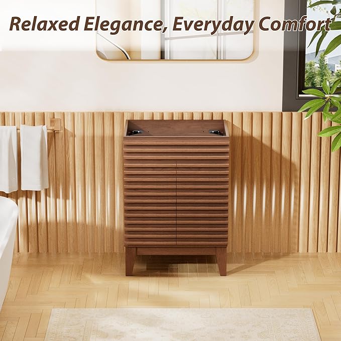 APRILSOUL 24" Bathroom Vanity, Mid-Century Bathroom Vanity Cabinet with 2 Soft Closing Doors, Freestanding Bathroom Cabinet, Particleboard Frame with Wood Grain Laminate, Walnut (Sink Not Included)