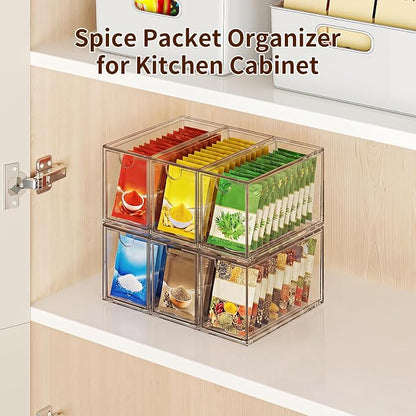6 Pack Tea Bag Organizers, Clear Tea Packet Storage Bins for Pantry Countertop, Tea Station, Kitchen Cabinet, Stackable Teabag Holder Acrylic Drawer Organizer for Coffee Pods, Spice & Sugar Packets