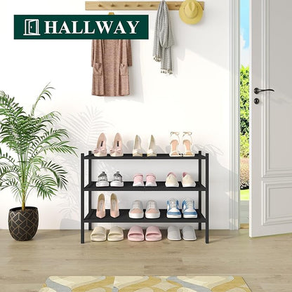 Smiry Bamboo Shoe Rack, 3 Tier Shoe Organizer for Entryway & Closet, Stackable Free Standing Storage Shelf for Shoes, Bags & Plants, Black