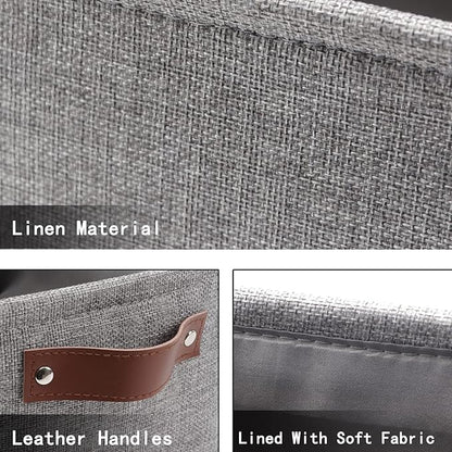 HNZIGE Foldable Fabric Storage Baskets (6pack), Empty Gift Baskets with Leather Handles, Decorative Organizers for Closet (Gray, 11.8" x 7.8" x 5.1")