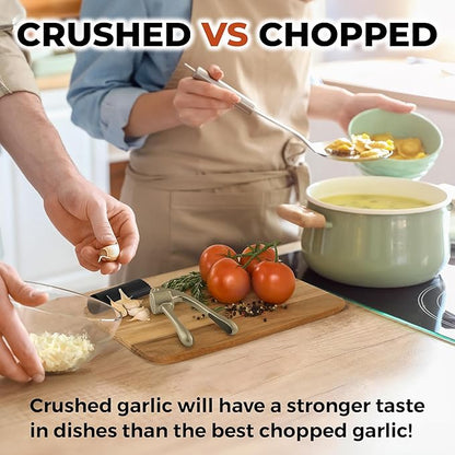 Zulay Kitchen Large Premium Garlic Press Set - Bigger Bowl for Bigger Garlic - Rust Proof Garlic Mincer Tool - Easy-Squeeze, Easy-Clean Silicone Garlic Peeler & Brush (Silver)