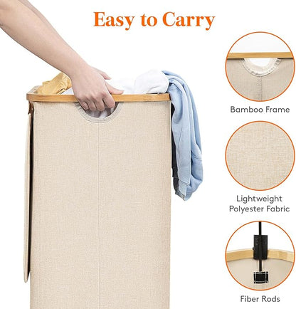 Lifewit 100L Laundry Basket with Lid, Clothes Hampers for Laundry with Bamboo Handles and 1 Removable Bag, Large Foldable Laundry Hamper for Bedroom, Bathroom, Dorm, Laundry Room, Beige