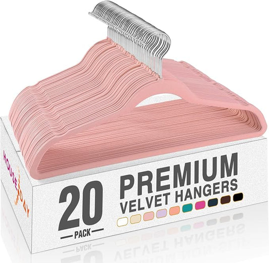 HOUSE DAY Lt Pink Velvet Hangers 20 Pack, Non Slip Clothes Felt Hanger Heavy Duty for Coat, Premium Slim Space Saving Suit Hangers for Closet Organizer, 360° Rotating Silver Hook