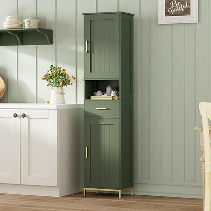 Homhedy 67" H Bathroom Storage Cabinet, Tall Storage Cabinet with Adjustable Shelves, Freestanding Cabinet with Doors and Drawer, Narrow Cabinet for Bathroom, Living Room, Kitchen, Dining Room, Green