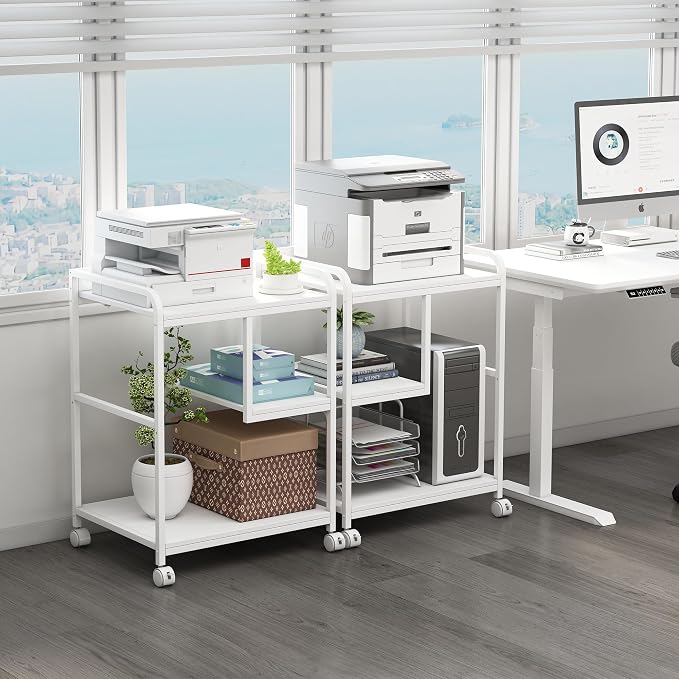 Fannova Large Printer Stand Table with Storage Shelf for Host Computer, PC Tower, CPU and Shredder, 3 Tier Rolling Printer Cart with Wheels for Home Office Storage and Organization - White