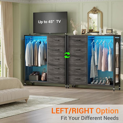 Cyclysio Dresser for Bedroom with Clothes Rack & Mirror, Grey 5 Drawers Dresser with Charging Station & LED Lights, Rolling Chest of Drawers with Wheels, Full Length Mirror, Wooden Top,Bedroom, Closet