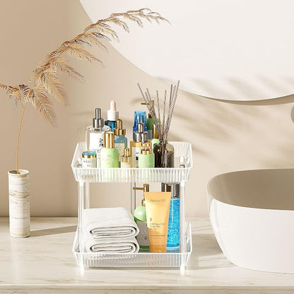 2 Tier Lazy Susan Bathroom Countertop Organizer, 360° Clear Rotating Square Storage Tray, Cosmetics and Perfume Organizer, Spinning Storage Tray Vanity Organizer Shelf for Bathroom Cabinet, Kitchen