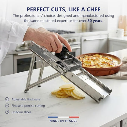Bron Coucke – Professional Stainless Steel Mandoline with Protective Carriage – 2 Integrated Cutting Blade Units (3 mm & 10 mm) – Smooth & Corrugated Blades – Adjustable – Multi-Function