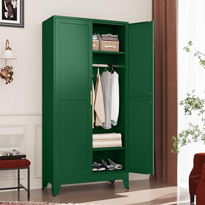 Metal Wardrobe Cabinet with Hanging Rod, 71" Metal Clothing Storage Cabinets with 2 Doors and Adjustable Shelves, Green Armoire Wardrobe Closet for Bedroom, Laundry Room, Cloak Room
