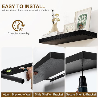 Fun Memories Floating Shelves for Wall, 24Inch Floating Shelves Set of 2, Hanging Shelf with Invisible Brackets, Wood Shelves for Living Room, Bedroom, Kitchen, Black