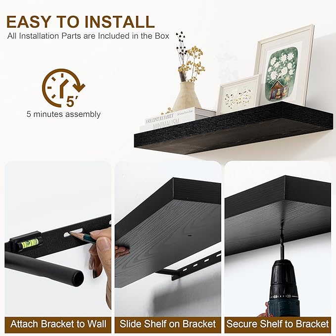 Fun Memories Floating Shelves for Wall, 55Inch Floating Shelves Set of 2, Hanging Shelf with Invisible Brackets, Wood Shelves for Living Room, Bedroom, Kitchen, Black