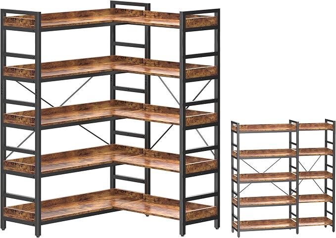 HCHQHS Adjustable Book Shelf with 8 Hooks, Reversible Corner Bookshelf, Industrial Wooden and Metal Bookcase for Living Room, Bedroom, Home Office (Rustic Brown, 5 Tier)