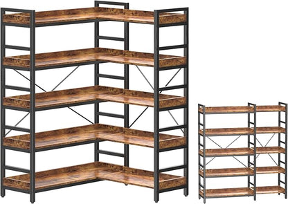 HCHQHS Adjustable Book Shelf with 8 Hooks, Reversible Corner Bookshelf, Industrial Wooden and Metal Bookcase for Living Room, Bedroom, Home Office (Rustic Brown, 5 Tier)