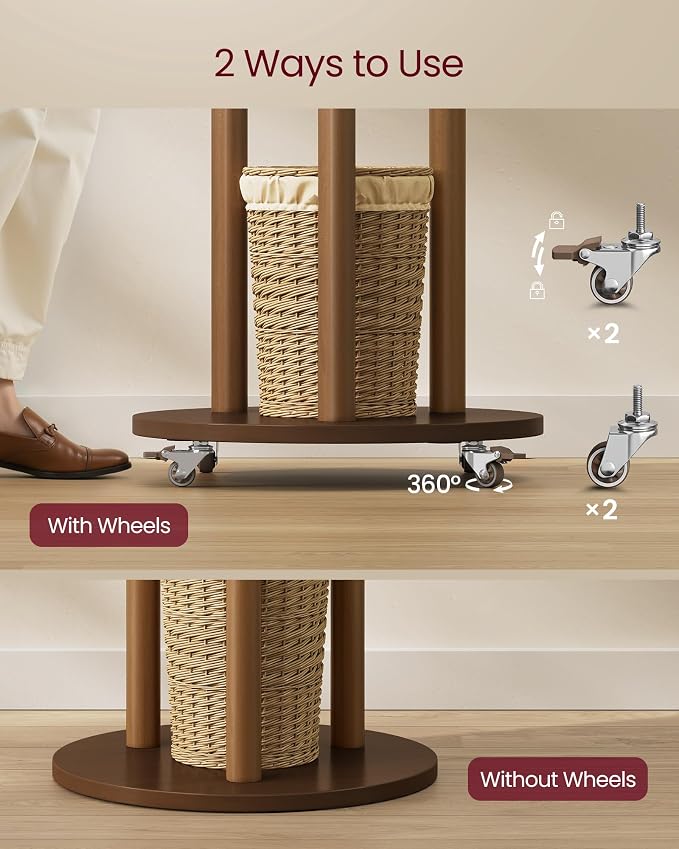 VASAGLE Freestanding Coat Rack Stand, Coat Tree with 11 Hooks, 3 Shelves, 4 Removable 360° Swivel Wheels, Wooden Hooks and Poles, for Entryway, Bedroom, Living Room, Walnut Brown URCR023K01