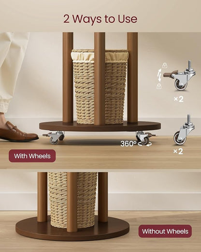VASAGLE Freestanding Coat Rack Stand, Coat Tree with 11 Hooks, 3 Shelves, 4 Removable 360° Swivel Wheels, Wooden Hooks and Poles, for Entryway, Bedroom, Living Room, Walnut Brown URCR023K01
