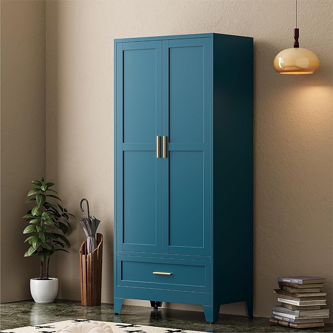 COFaR Metal Wardrobe Closet, 71" Armoire Cabinet with Drawer & Hanging Rod, Freestanding 2-Door Clothing Storage with Adjustable Shelf, Elegant Bedroom Organizer (Peacock Blue)