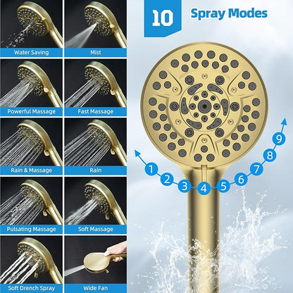 Hibbent All Metal cUPC Certified Shower Head, 10'' High Pressure Rain Shower Head, Handheld Showerhead Combo with 16'' Adjustable Extension Arm, 10 Sprays, 71'' Hose, Shower Holder, Brushed Gold