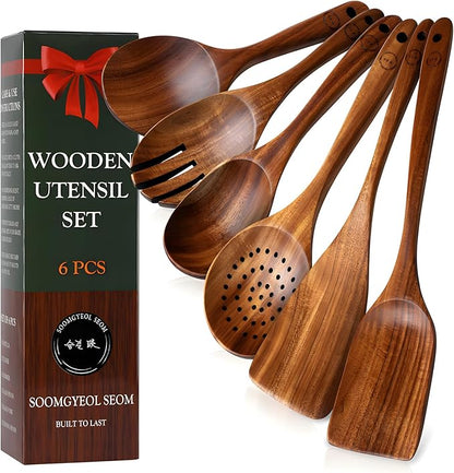 SOOMGYEOL SEOM 6-Piece Teak Wood Cooking Utensil Set | Wooden Spoons and Spatulas, Nonstick Safe, Heat Resistant, Natural Wooden Kitchen Tools