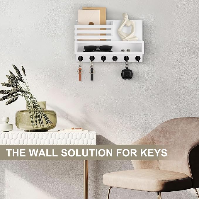 Key and Mail Holder Wall Mount, Key Hanger with Long Storage Box and Key Hooks for Coat, Dog Leash, Home Decor Rack, House Accessories, Entry Way Organizer